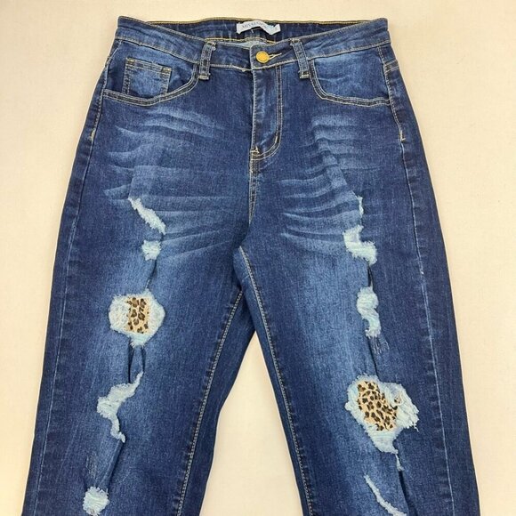 Misslook Womens Straight Leg Jeans Blue Leopard Print Distressed Cuffed Small - Picture 5 of 10